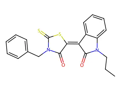 3-Benzyl-5-(2-oxo-1-propylindol-3-ylidene)-2-sulfanylidene-1,3-thiazolidin-4-one structure