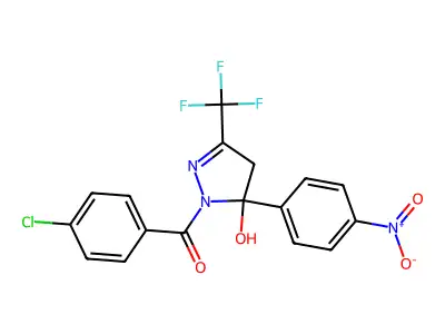 1-(4-chlorobenzoyl)-5-{4-nitrophenyl}-3-(trifluoromethyl)-4,5-dihydro-1H-pyrazol-5-ol structure