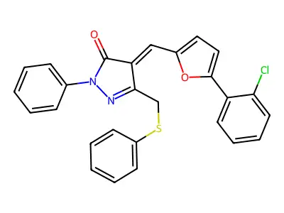 4-[[5-(2-Chlorophenyl)-2-furanyl]methylene]-2,4-dihydro-2-phenyl-5-[(phenylthio)methyl]-3H-pyrazol-3-one structure