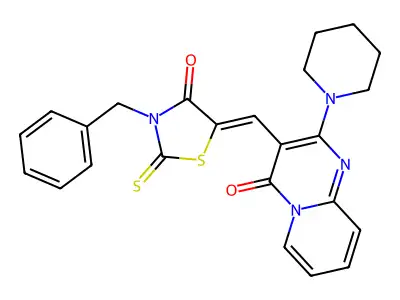 (5Z)-3-benzyl-5-[(4-oxo-2-piperidin-1-ylpyrido[1,2-a]pyrimidin-3-yl)methylidene]-2-sulfanylidene-1,3-thiazolidin-4-one structure