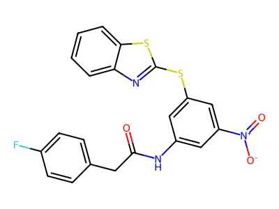 N-[3-(1,3-benzothiazol-2-ylsulfanyl)-5-nitrophenyl]-2-(4-fluorophenyl)acetamide structure