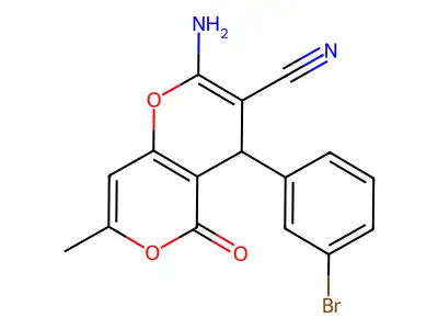 2-amino-4-(3-bromophenyl)-7-methyl-5-oxo-4H,5H-pyrano[4,3-b]pyran-3-carbonitrile structure