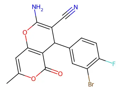2-amino-4-(3-bromo-4-fluorophenyl)-7-methyl-5-oxo-4H,5H-pyrano[4,3-b]pyran-3-carbonitrile structure