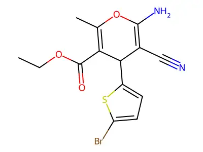 ethyl 6-amino-4-(5-bromothiophen-2-yl)-5-cyano-2-methyl-4H-pyran-3-carboxylate structure