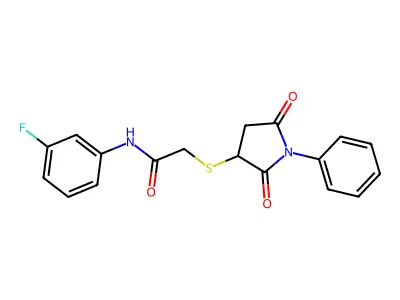 2-(2,5-dioxo-1-phenylpyrrolidin-3-yl)sulfanyl-N-(3-fluorophenyl)acetamide structure