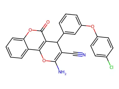 2-amino-4-[3-(4-chlorophenoxy)phenyl]-5-oxo-4H-pyrano[3,2-c]chromene-3-carbonitrile structure