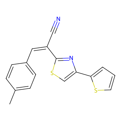 (2Z)-3-(4-methylphenyl)-2-[4-(thiophen-2-yl)-1,3-thiazol-2-yl]prop-2-enenitrile structure