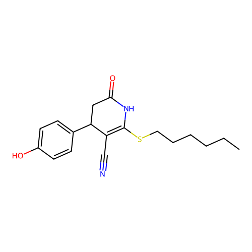 6-(hexylthio)-4-(4-hydroxyphenyl)-2-oxo-3,4-dihydro-1H-pyridine-5-carbonitrile structure