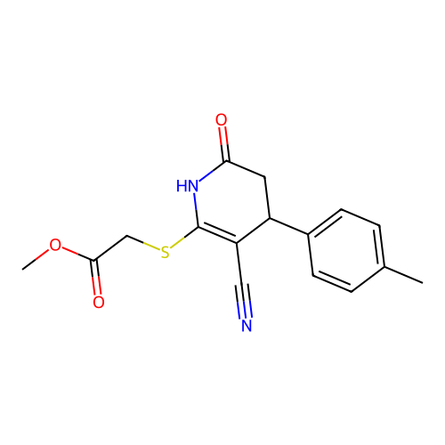 Methyl 2-((3-cyano-6-oxo-4-(p-tolyl)-1,4,5,6-tetrahydropyridin-2-yl)thio)acetate structure