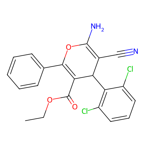 ethyl 6-amino-5-cyano-4-(2,6-dichlorophenyl)-2-phenyl-4H-pyran-3-carboxylate structure