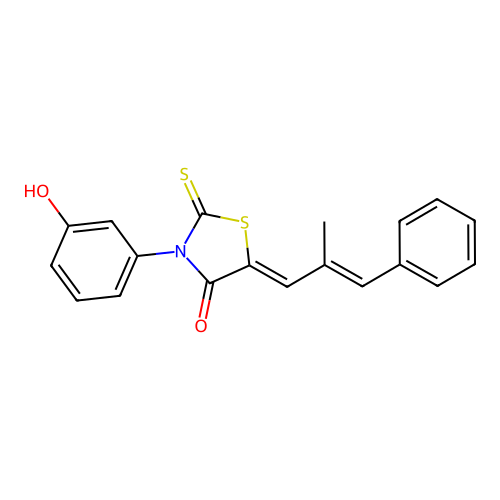 (Z)-3-(3-hydroxyphenyl)-5-((E)-2-methyl-3-phenylallylidene)-2-thioxothiazolidin-4-one structure