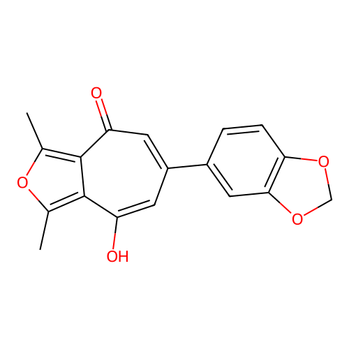 6-(1,3-benzodioxol-5-yl)-8-hydroxy-1,3-dimethyl-4H-cyclohepta[c]furan-4-one structure