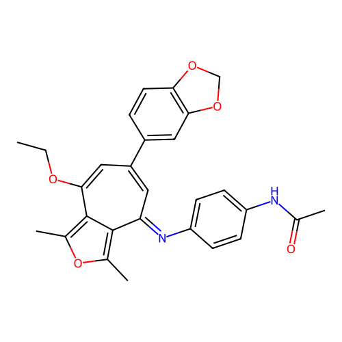 (E)-N-(4-((6-(benzo[d][1,3]dioxol-5-yl)-8-ethoxy-1,3-dimethyl-4H-cyclohepta[c]furan-4-ylidene)amino)phenyl)acetamide structure
