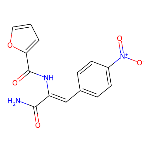 N-(3-amino-1-(4-nitrophenyl)-3-oxoprop-1-en-2-yl)furan-2-carboxamide structure