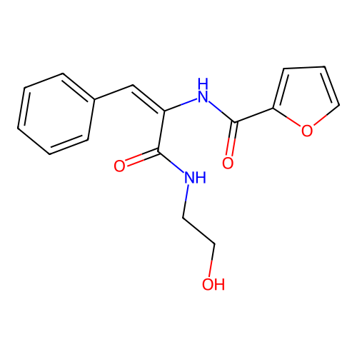 (E)-N-(3-((2-hydroxyethyl)amino)-3-oxo-1-phenylprop-1-en-2-yl)furan-2-carboxamide structure