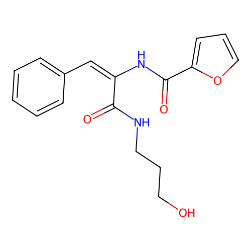 (E)-N-(3-((3-hydroxypropyl)amino)-3-oxo-1-phenylprop-1-en-2-yl)furan-2-carboxamide structure