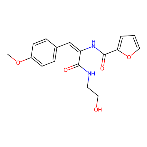 N-[(1E)-3-[(2-hydroxyethyl)amino]-1-(4-methoxyphenyl)-3-oxoprop-1-en-2-yl]furan-2-carboxamide structure