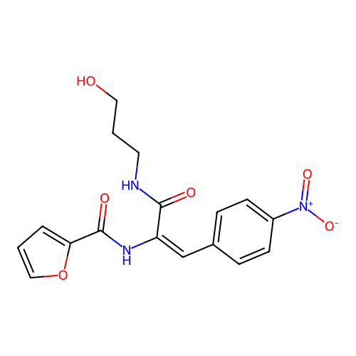 (E)-N-(3-((3-hydroxypropyl)amino)-1-(4-nitrophenyl)-3-oxoprop-1-en-2-yl)furan-2-carboxamide structure