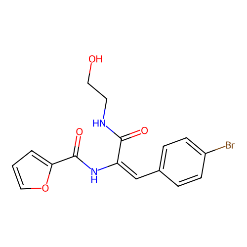 N-[(E)-1-(4-bromophenyl)-3-(2-hydroxyethylamino)-3-oxoprop-1-en-2-yl]furan-2-carboxamide structure