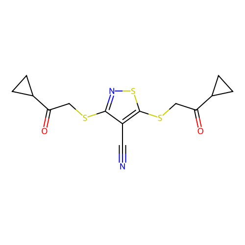 3,5-Bis[(2-cyclopropyl-2-oxoethyl)sulfanyl]-1,2-thiazole-4-carbonitrile structure
