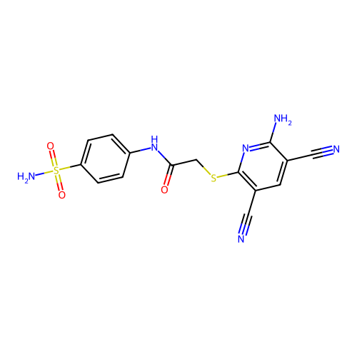 2-[(6-amino-3,5-dicyanopyridin-2-yl)sulfanyl]-N-(4-sulfamoylphenyl)acetamide structure