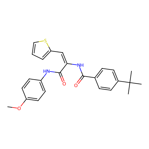 4-tert-butyl-N-[(E)-3-(4-methoxyanilino)-3-oxo-1-thiophen-2-ylprop-1-en-2-yl]benzamide structure