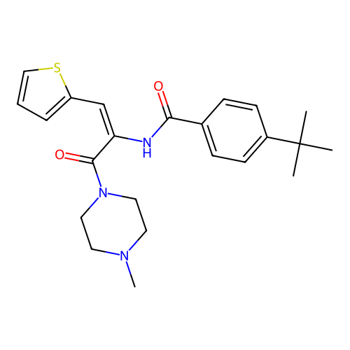 (E)-4-(tert-butyl)-N-(3-(4-methylpiperazin-1-yl)-3-oxo-1-(thiophen-2-yl)prop-1-en-2-yl)benzamide structure