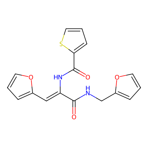 (Z)-N-(1-(furan-2-yl)-3-((furan-2-ylmethyl)amino)-3-oxoprop-1-en-2-yl)thiophene-2-carboxamide structure