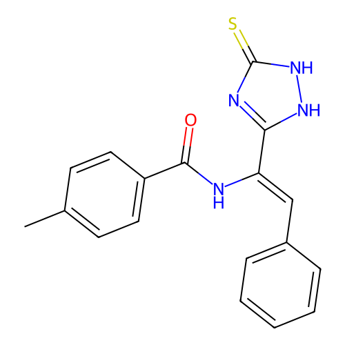 (Z)-4-methyl-N-(2-phenyl-1-(5-thioxo-4,5-dihydro-1H-1,2,4-triazol-3-yl)vinyl)benzamide structure