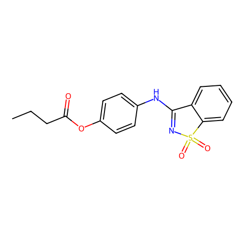 4-[(1,1-Dioxido-1,2-benzothiazol-3-yl)amino]phenyl butanoate structure