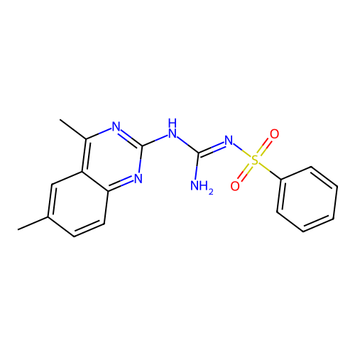N-{(E)-amino[(4,6-dimethylquinazolin-2-yl)amino]methylidene}benzenesulfonamide structure