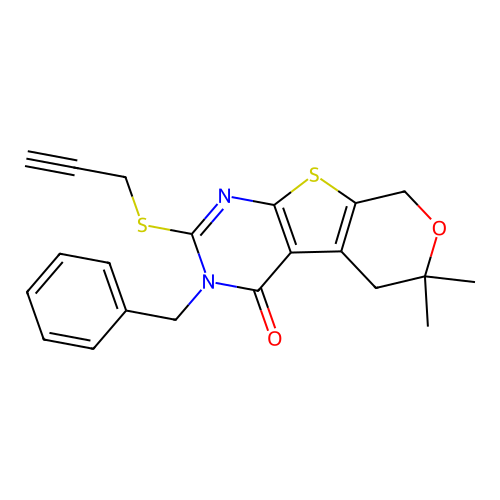 3-benzyl-6,6-dimethyl-2-(prop-2-yn-1-ylsulfanyl)-3,5,6,8-tetrahydro-4H-pyrano[4',3':4,5]thieno[2,3-d]pyrimidin-4-one structure