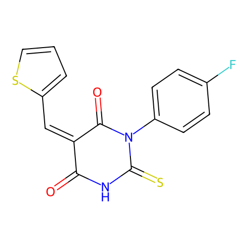 1-(4-fluorophenyl)-2-sulfanylidene-5-(thiophen-2-ylmethylidene)-1,3-diazinane-4,6-dione structure