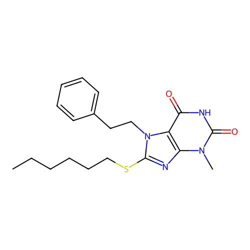 8-(hexylsulfanyl)-3-methyl-7-(2-phenylethyl)-3,7-dihydro-1H-purine-2,6-dione structure