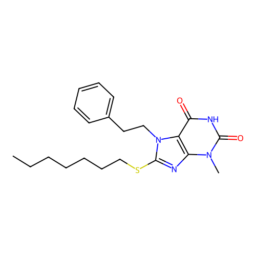 8-(heptylsulfanyl)-3-methyl-7-(2-phenylethyl)-3,7-dihydro-1H-purine-2,6-dione structure