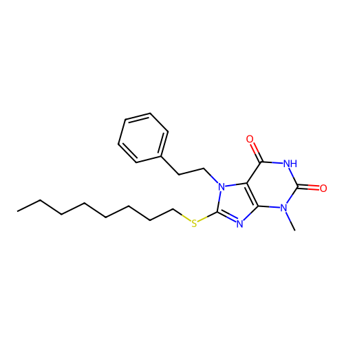 3-methyl-8-(octylsulfanyl)-7-(2-phenylethyl)-3,7-dihydro-1H-purine-2,6-dione structure