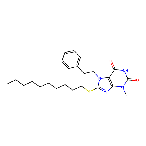 8-(decylsulfanyl)-3-methyl-7-(2-phenylethyl)-3,7-dihydro-1H-purine-2,6-dione structure