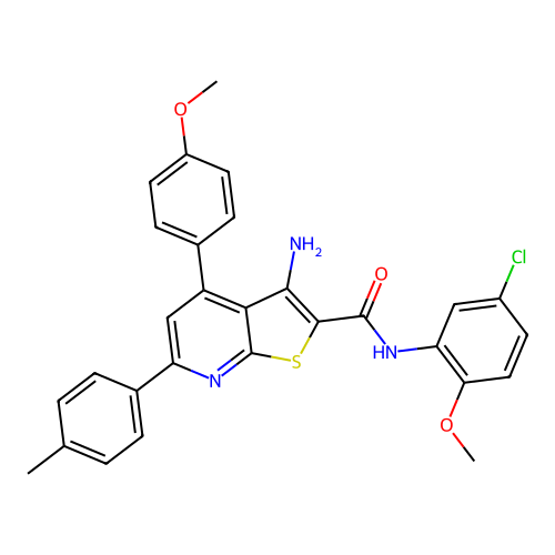 3-amino-N-(5-chloro-2-methoxyphenyl)-4-(4-methoxyphenyl)-6-(4-methylphenyl)thieno[2,3-b]pyridine-2-carboxamide structure