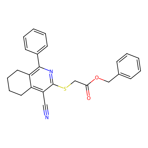 Benzyl [(4-cyano-1-phenyl-5,6,7,8-tetrahydroisoquinolin-3-yl)sulfanyl]acetate structure