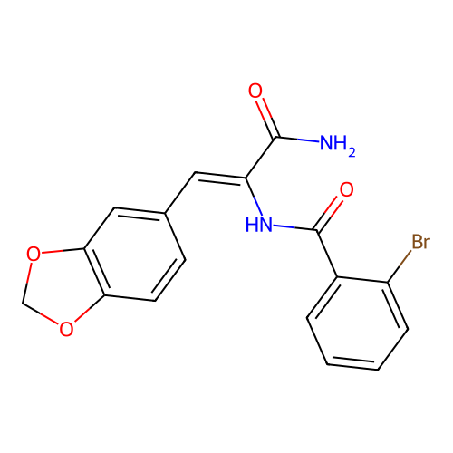 N-[(1Z)-3-amino-1-(1,3-benzodioxol-5-yl)-3-oxoprop-1-en-2-yl]-2-bromobenzamide structure