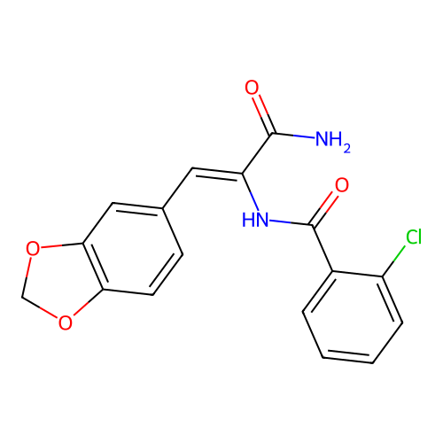 N-[(1Z)-3-amino-1-(1,3-benzodioxol-5-yl)-3-oxoprop-1-en-2-yl]-2-chlorobenzamide structure