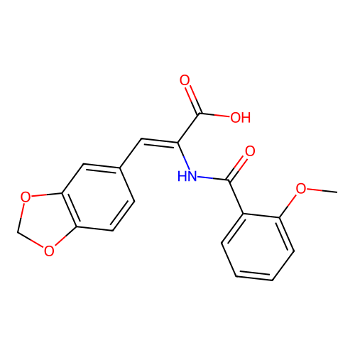 (Z)-3-(benzo[d][1,3]dioxol-5-yl)-2-(2-methoxybenzamido)acrylic acid structure