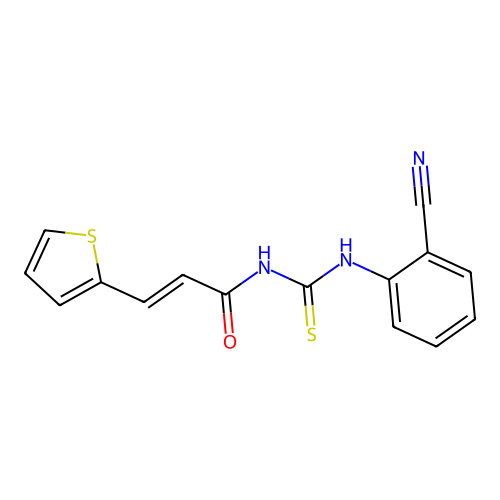 (2E)-N-[(2-cyanophenyl)carbamothioyl]-3-(thiophen-2-yl)prop-2-enamide structure