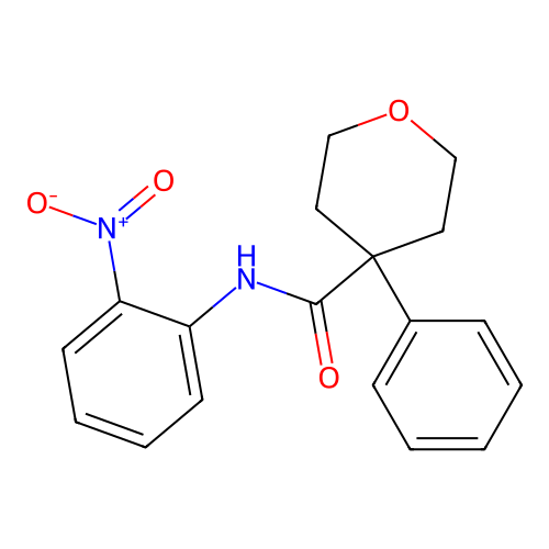 N-(2-nitrophenyl)-4-phenyltetrahydro-2H-pyran-4-carboxamide structure