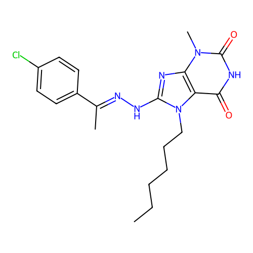 8-[(2E)-2-[1-(4-chlorophenyl)ethylidene]hydrazinyl]-7-hexyl-3-methylpurine-2,6-dione structure