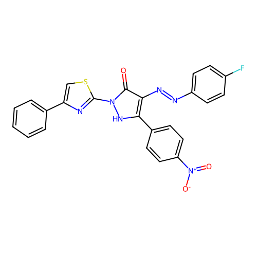 4-[(4-fluorophenyl)hydrazinylidene]-5-(4-nitrophenyl)-2-(4-phenyl-1,3-thiazol-2-yl)pyrazol-3-one structure