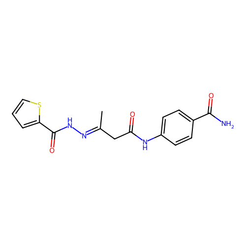 4-({(3E)-3-[2-(thiophen-2-ylcarbonyl)hydrazinylidene]butanoyl}amino)benzamide structure