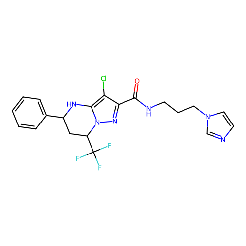 3-chloro-N-[3-(1H-imidazol-1-yl)propyl]-5-phenyl-7-(trifluoromethyl)-4,5,6,7-tetrahydropyrazolo[1,5-a]pyrimidine-2-carboxamide structure