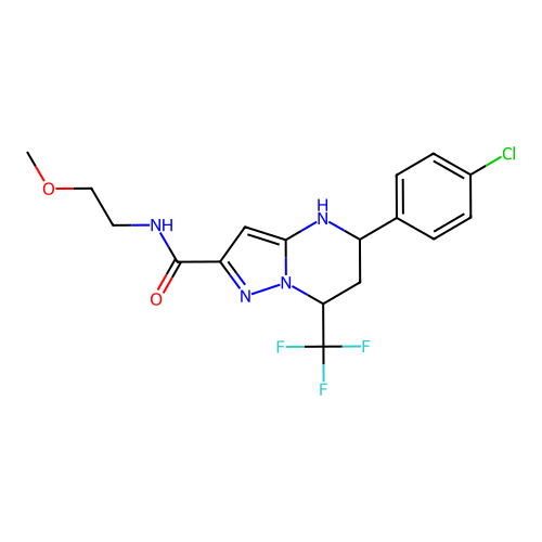 5-(4-chlorophenyl)-N-(2-methoxyethyl)-7-(trifluoromethyl)-4,5,6,7-tetrahydropyrazolo[1,5-a]pyrimidine-2-carboxamide structure