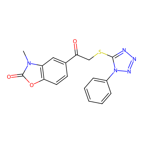 3-Methyl-5-[2-(1-phenyl-1H-tetrazol-5-ylsulfanyl)-acetyl]-3H-benzooxazol-2-one structure